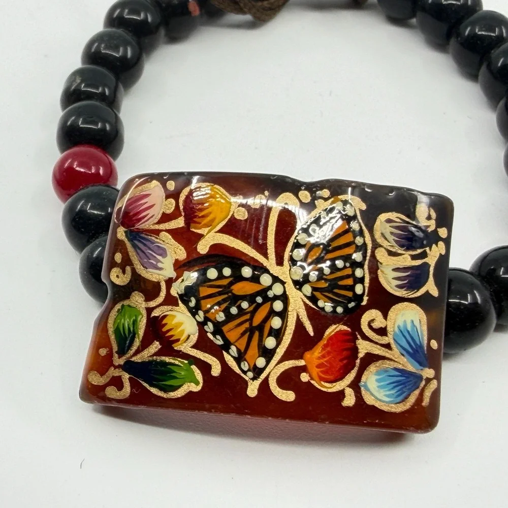 Hand Painted Butterfly Bracelet Black Red Beaded Adjustable Boho Artisan Gift